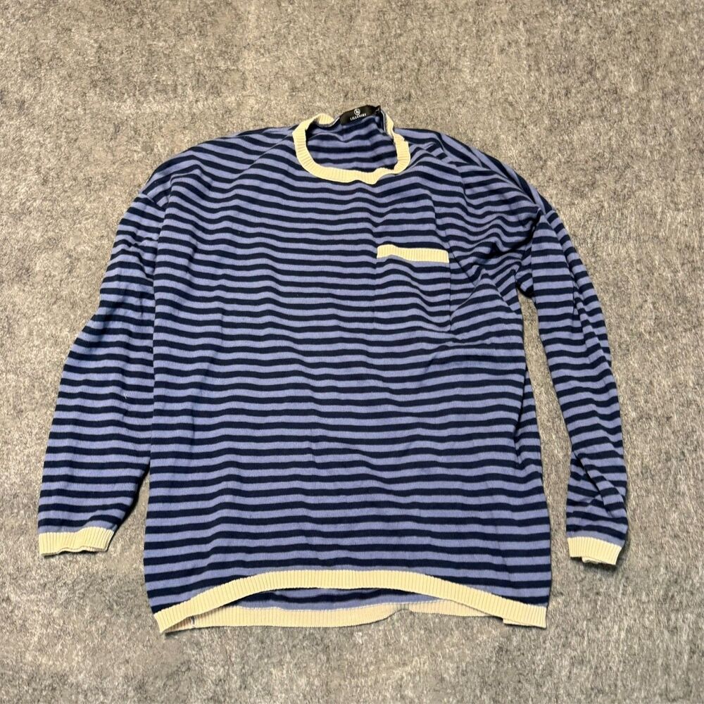 Lillusory Mens Rugby Sweater Size L Blue Striped Long Sleeve Crew Neck Pocket